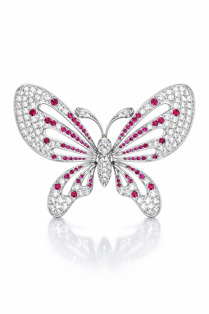 Rosé Papillon Royale Butterfly Pendant – 3.20 ct Natural Diamonds & Rubies in 18KT White Gold